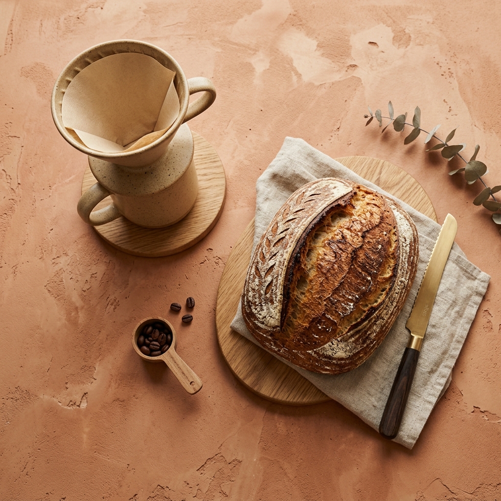 Minimalist Japandi flatlay of pour-over coffee and artisan sourdough loaf