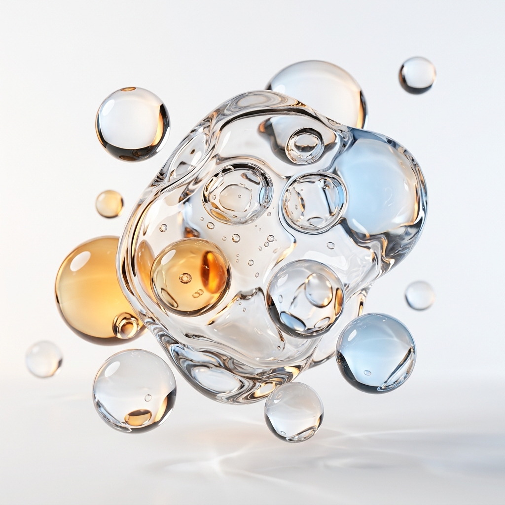 Specular Apple liquid glass abstract illustration refracting amber and blue light